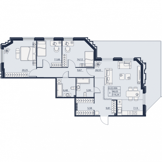 Трёхкомнатная квартира 119.24 м²