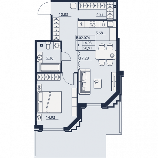 Однокомнатная квартира 58.91 м²