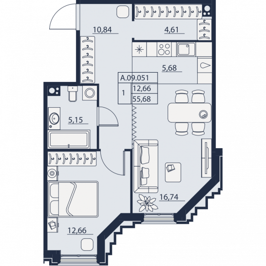 Однокомнатная квартира 55.68 м²
