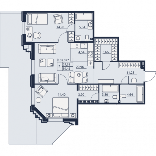 Двухкомнатная квартира 89.45 м²