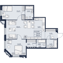 Двухкомнатная квартира 89.63 м²