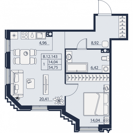 Однокомнатная квартира 54.75 м²