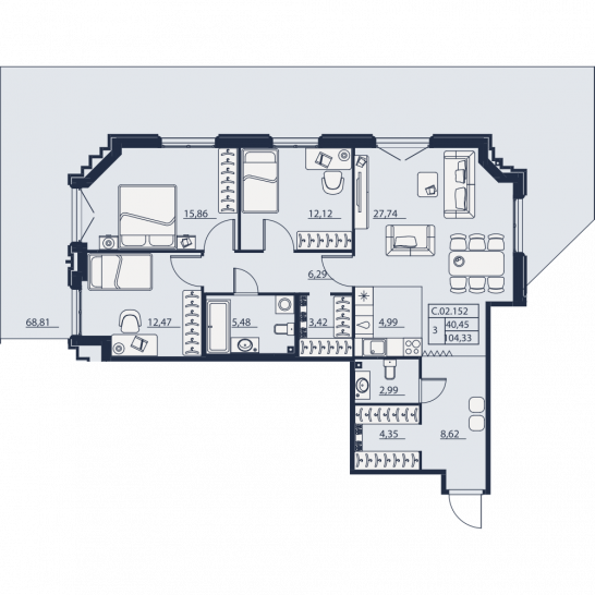Трёхкомнатная квартира 104.33 м²